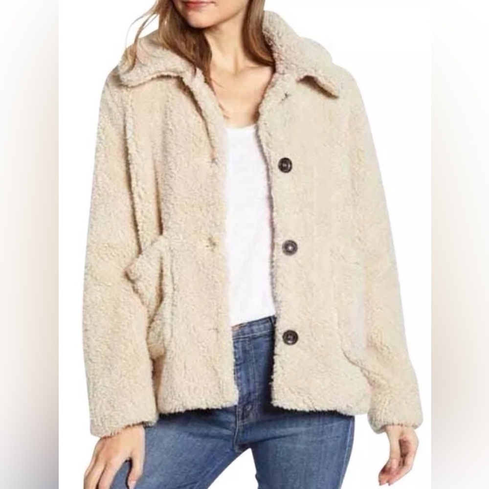 SANCTUARY Womens Beige Fur Button Up Coat Size M.
